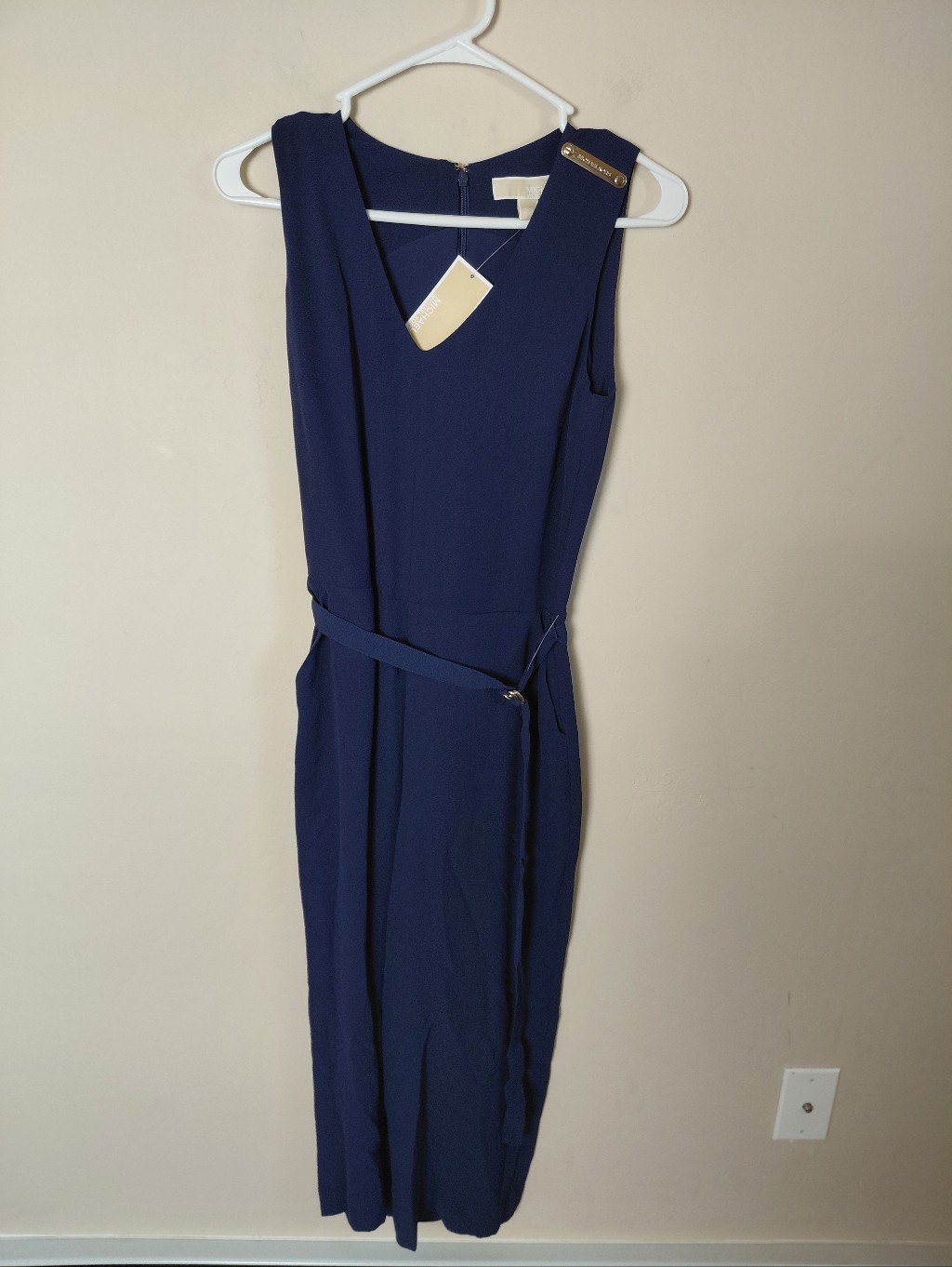 Nwt Michael Kors Navy Jumpsuit With Belt And Gold Label Shoulder Size 00